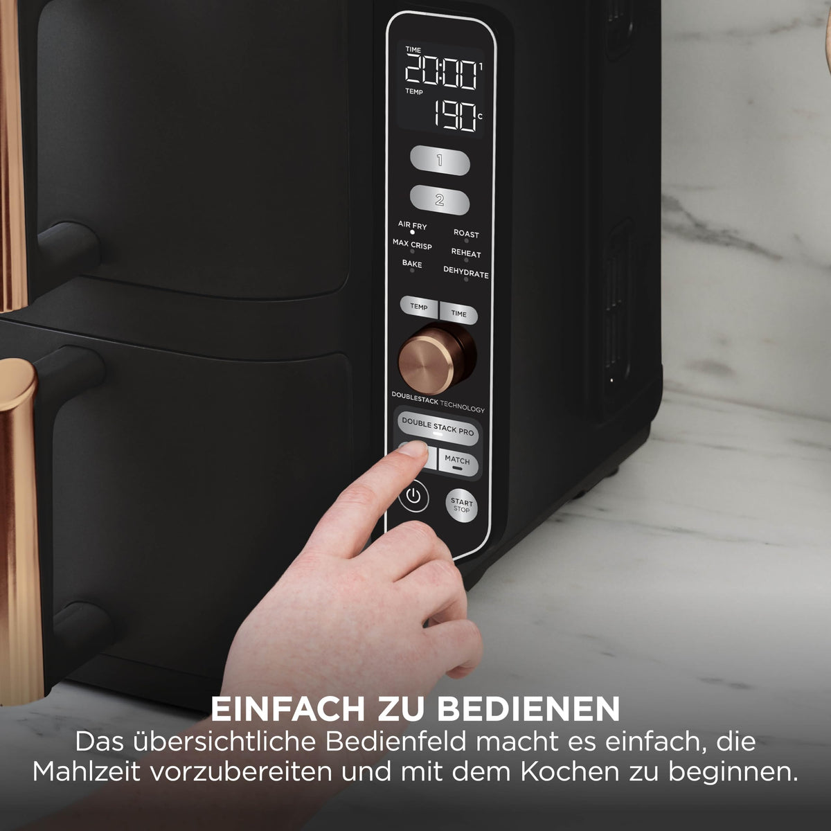 Heißluftfritteuse mit 2 Schubladen, 9,5 L, 6-in-1, 4 Garebenen, Schwarz/Kupfer