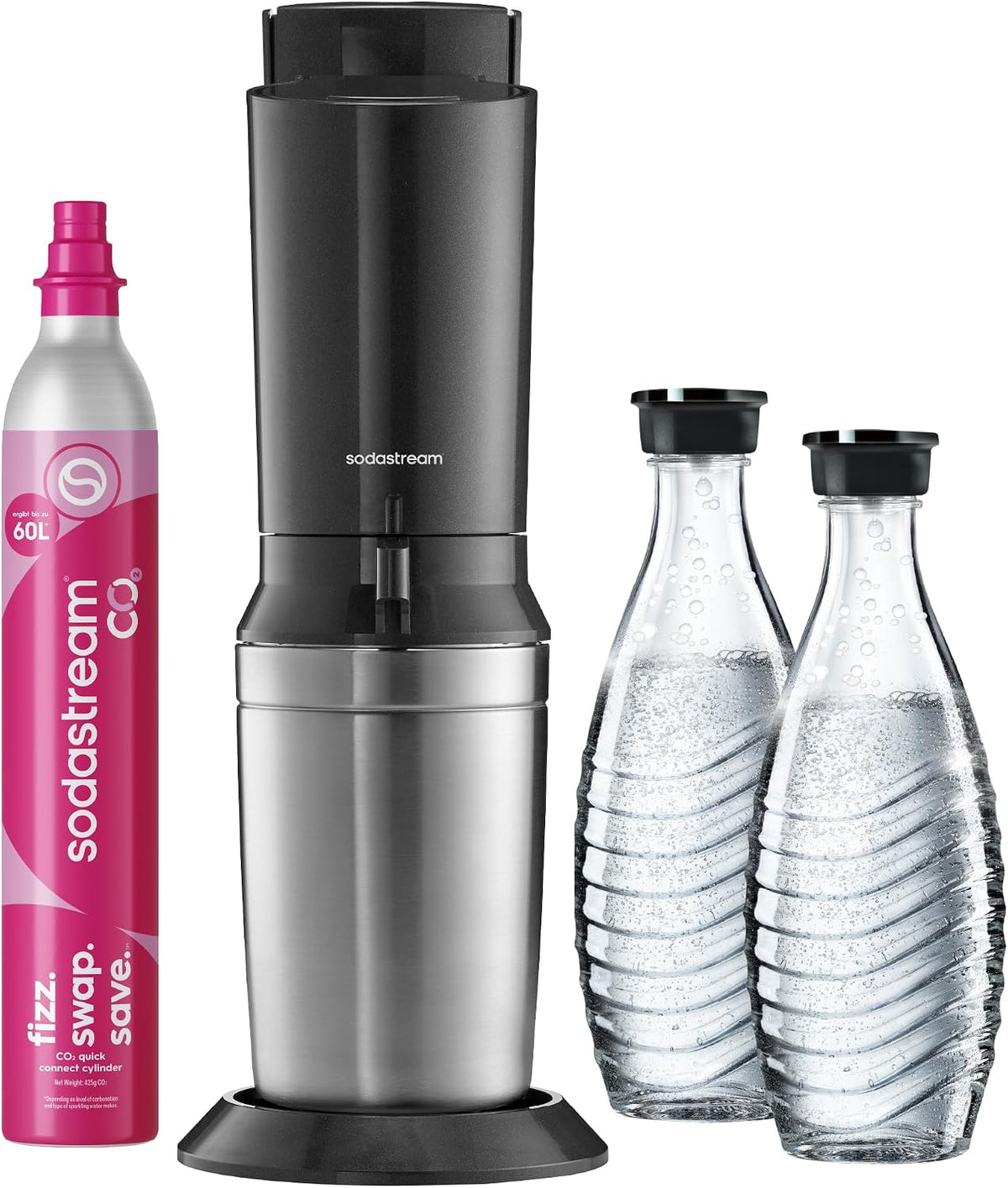 Crystal 3.0 Wassersprudler mit 1x Quick-Connect CO2-Zylinder und 2X Glaskaraffen, Silber, Schwarz, Titan, 45 cm