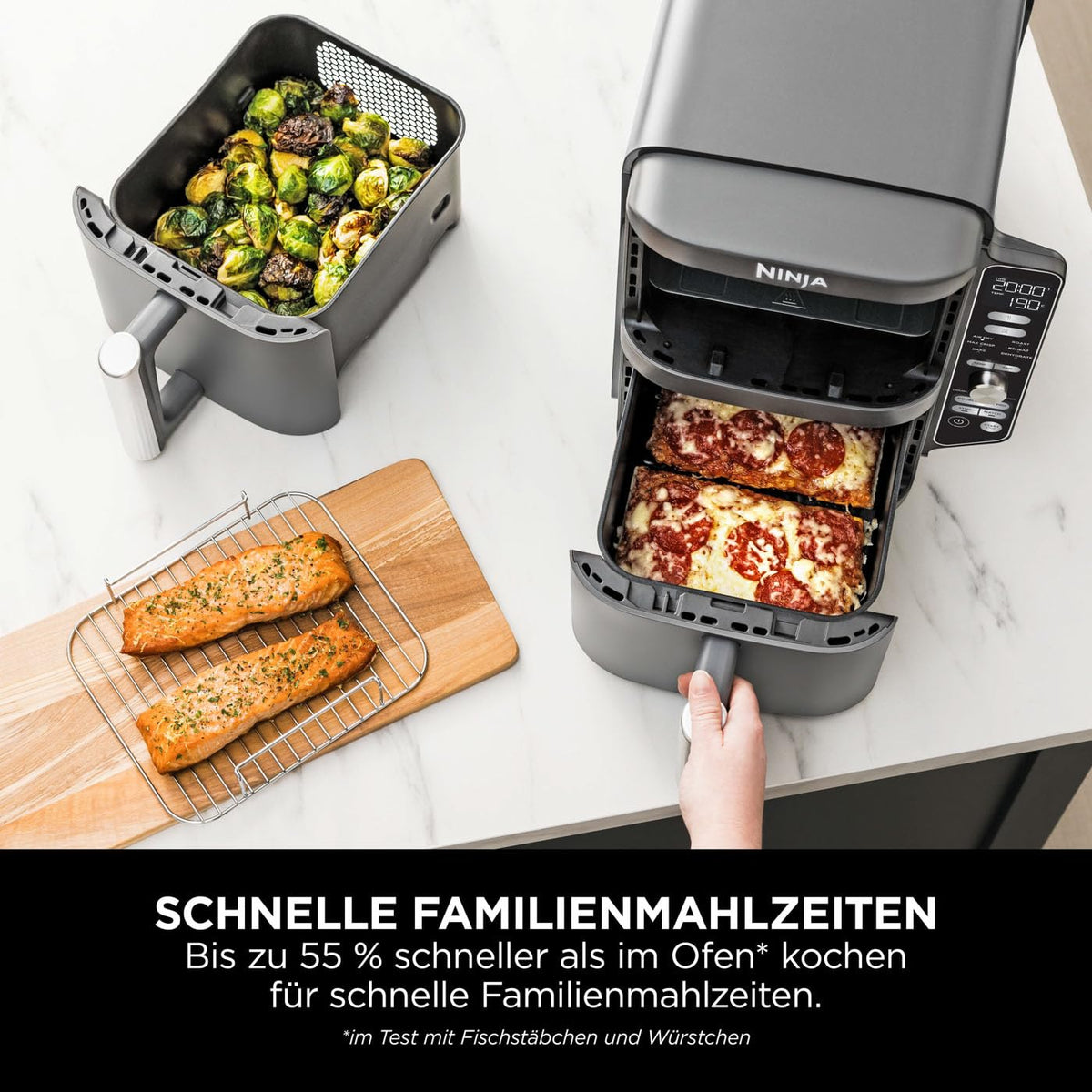 Heißluftfritteuse mit 2 Schubladen, 9,5 L, 6 Kochfunktionen, 4 Garebenen, Grau