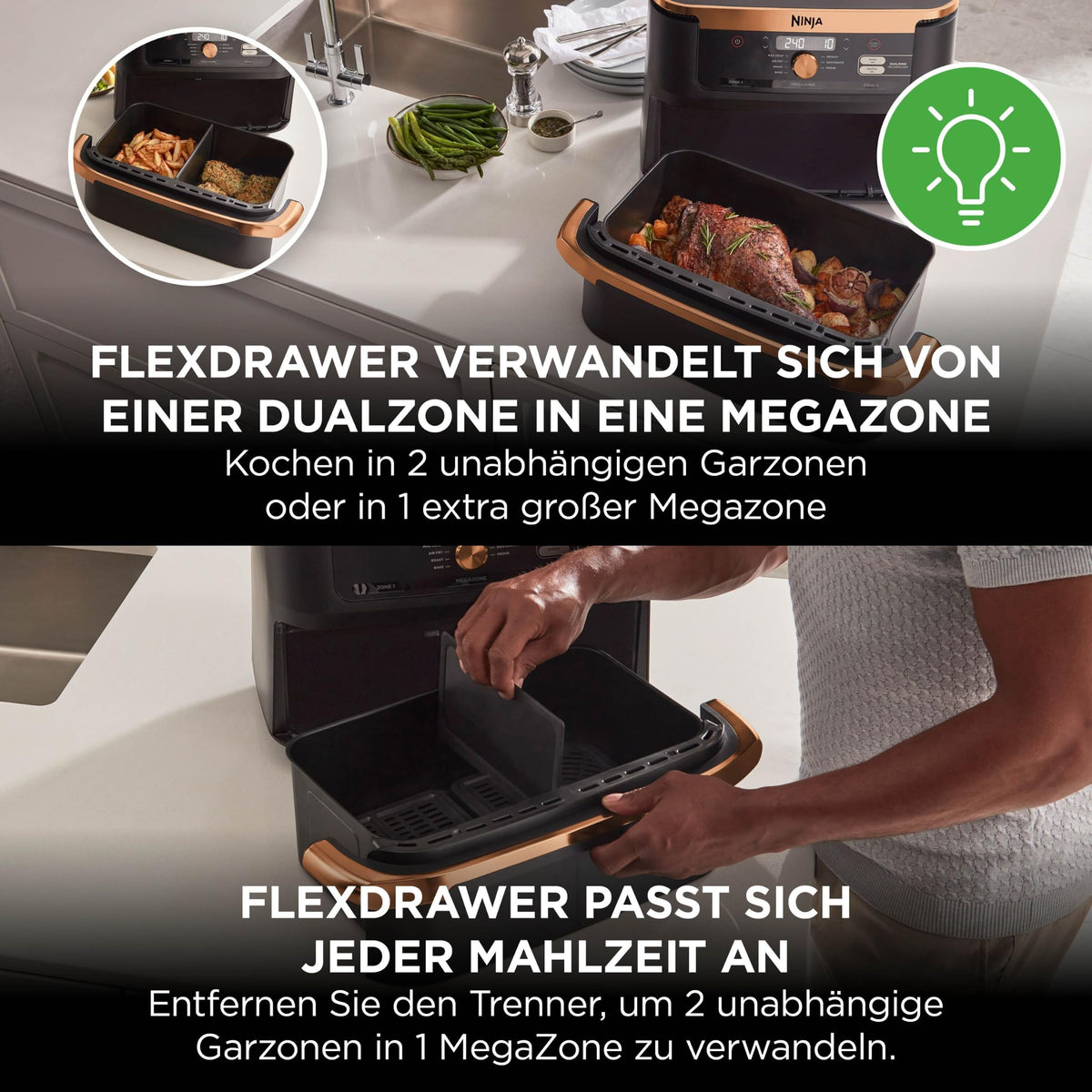 Heißluftfritteuse mit 2 Kochzonen, 10,4 L, 7-in-1, FlexDrawer, Schwarz/Kupfer