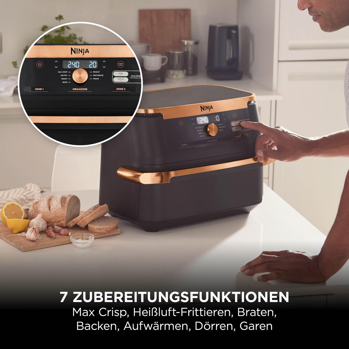Heißluftfritteuse mit 2 Kochzonen, 10,4 L, 7-in-1, FlexDrawer, Schwarz/Kupfer