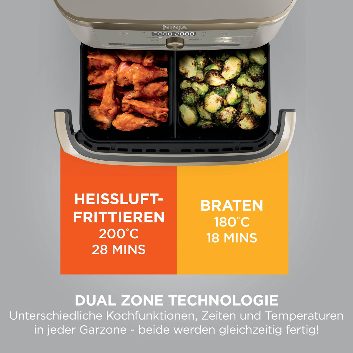 Heißluftfritteuse mit 2 Kochzonen, 10,4 L, 7-in-1, FlexDrawer, Stone/Gold