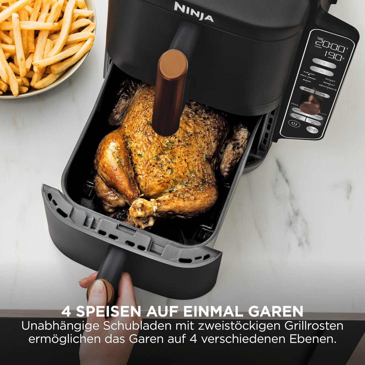 Heißluftfritteuse mit 2 Schubladen, 9,5 L, 6-in-1, 4 Garebenen, Schwarz/Kupfer