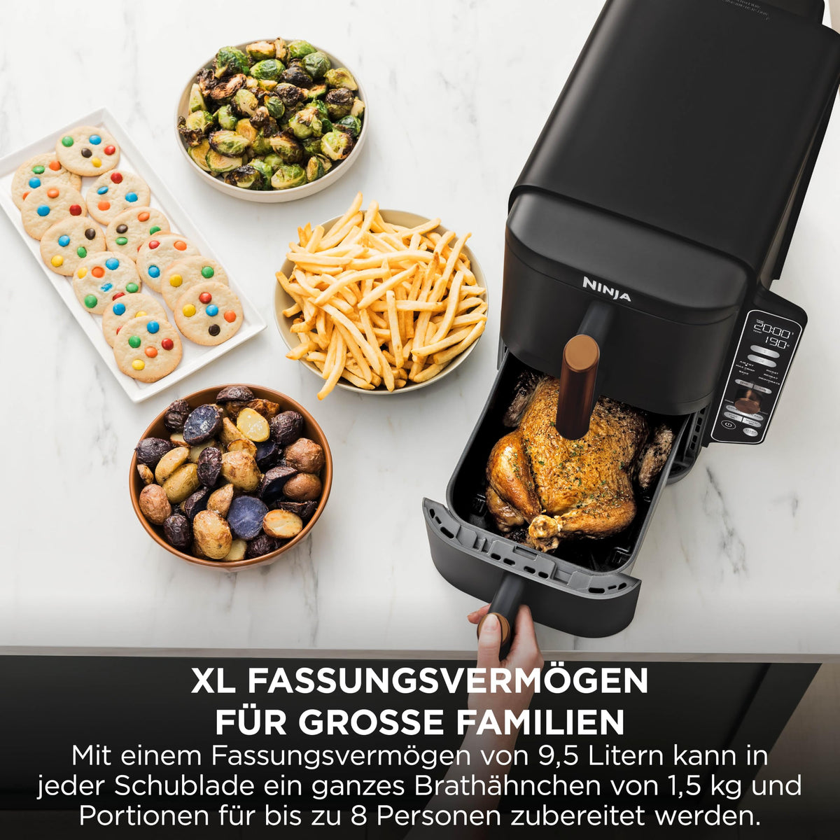 Heißluftfritteuse mit 2 Schubladen, 9,5 L, 6-in-1, 4 Garebenen, Schwarz/Kupfer
