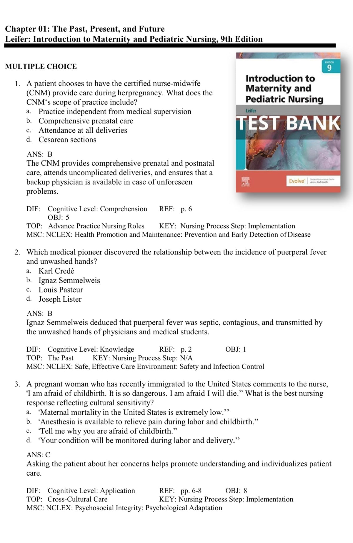 Testbank Introduction to Maternity and Pediatric Nursing, 9. Auflage von Leifer