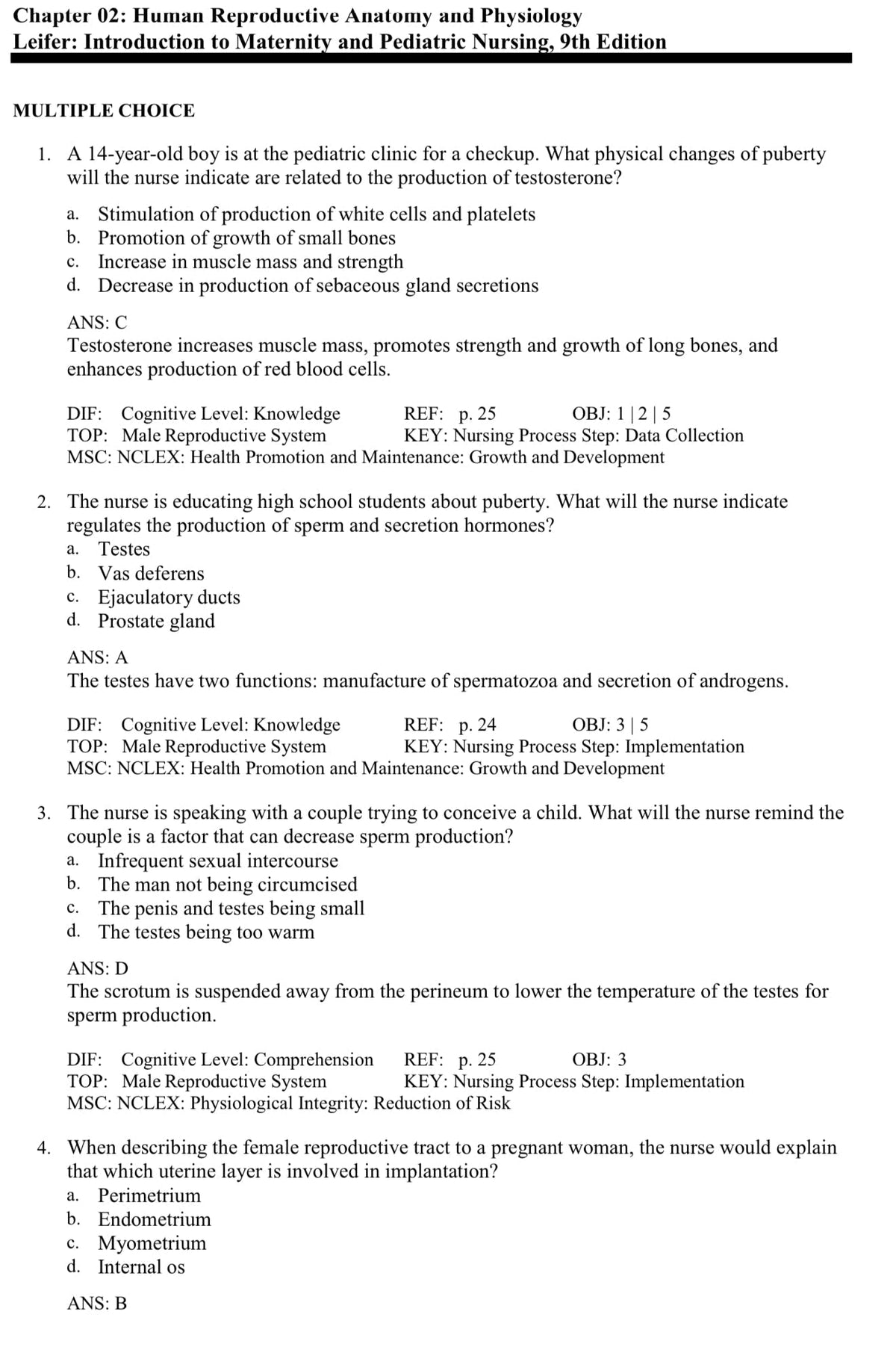 Testbank Introduction to Maternity and Pediatric Nursing, 9. Auflage von Leifer