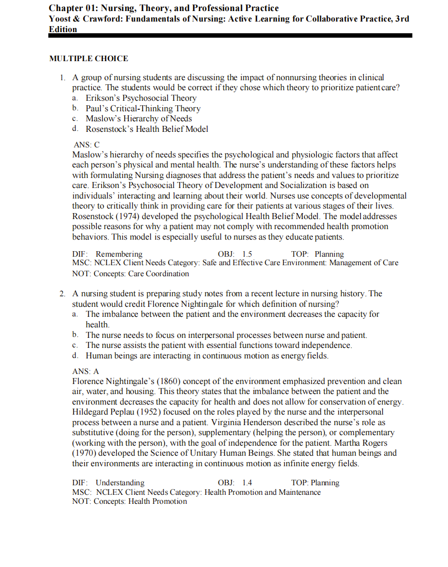 Testbank Fundamentals of Nursing: Active Learning for Collaborative Practice, 3. Auflage