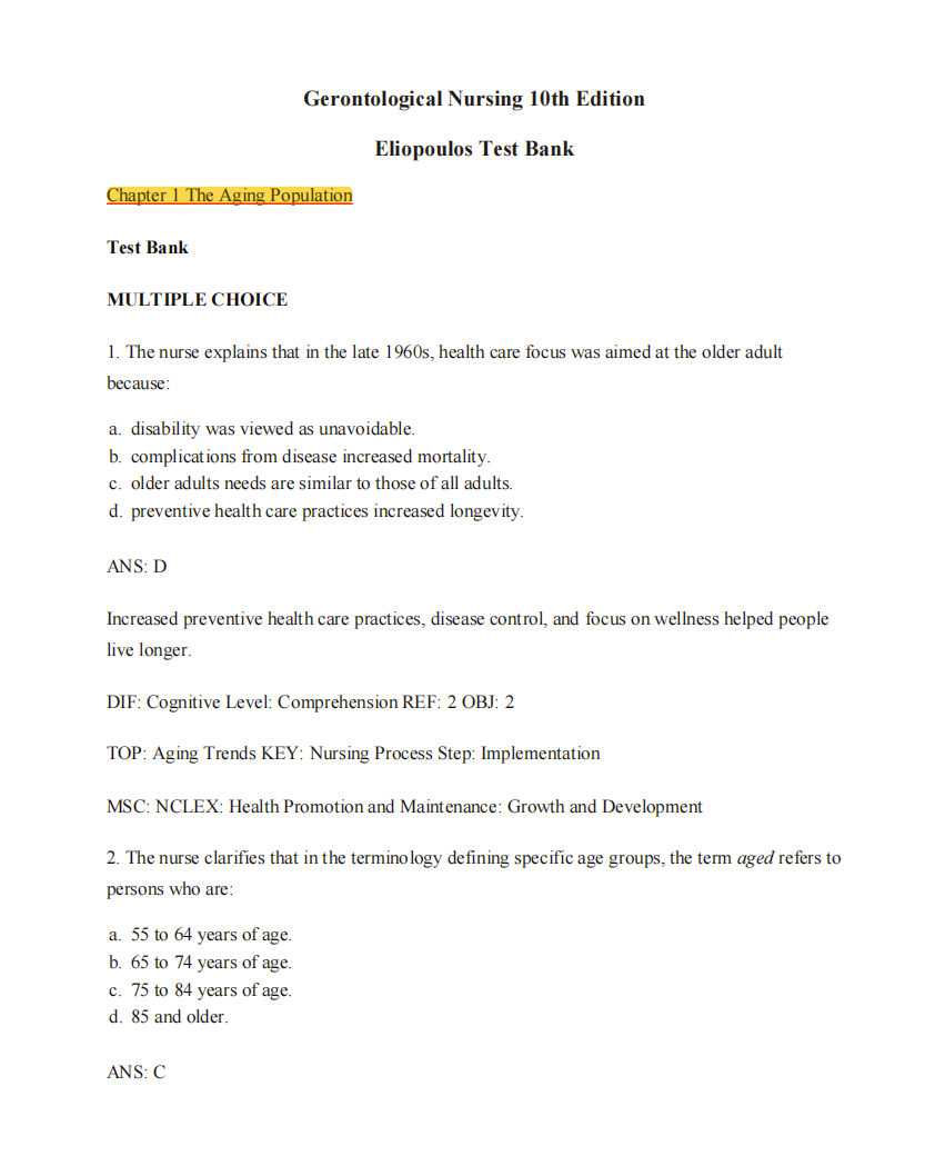 Testbank Gerontological Nursing, 10. Auflage von Charlotte Eliopoulos