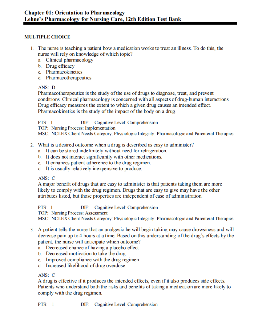 Testbank Lehne’s Pharmacology for Nursing Care, 12. Auflage