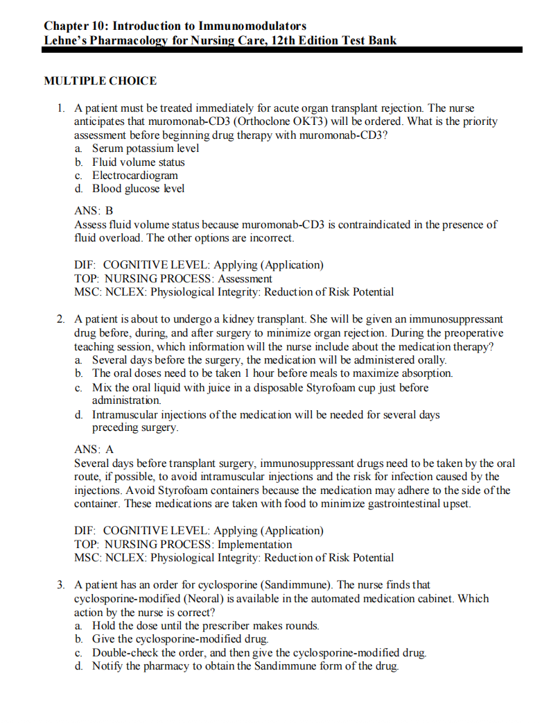 Testbank Lehne’s Pharmacology for Nursing Care, 12. Auflage