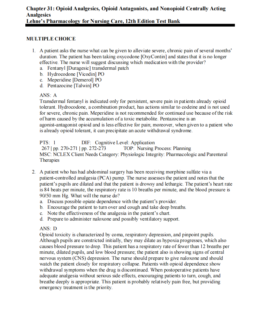 Testbank Lehne’s Pharmacology for Nursing Care, 12. Auflage