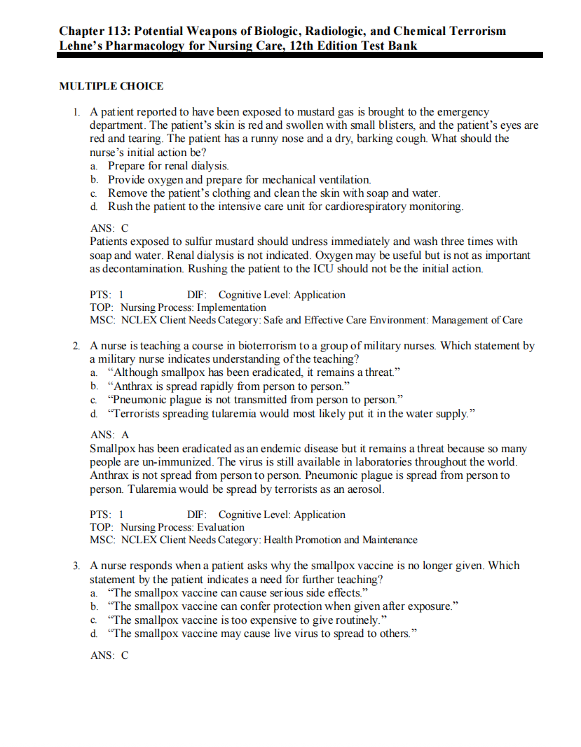 Testbank Lehne’s Pharmacology for Nursing Care, 12. Auflage