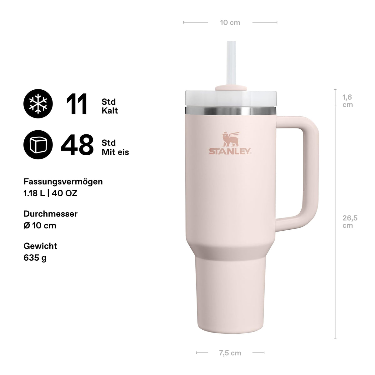 Trinkbecher mit Deckel und Strohhalm, 1,18 L, vakuumisoliert, Edelstahl, Rose Quartz