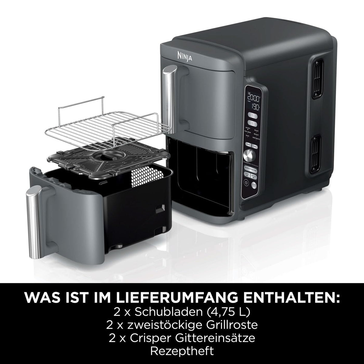 Heißluftfritteuse mit 2 Schubladen, 9,5 L, 6 Kochfunktionen, 4 Garebenen, Grau