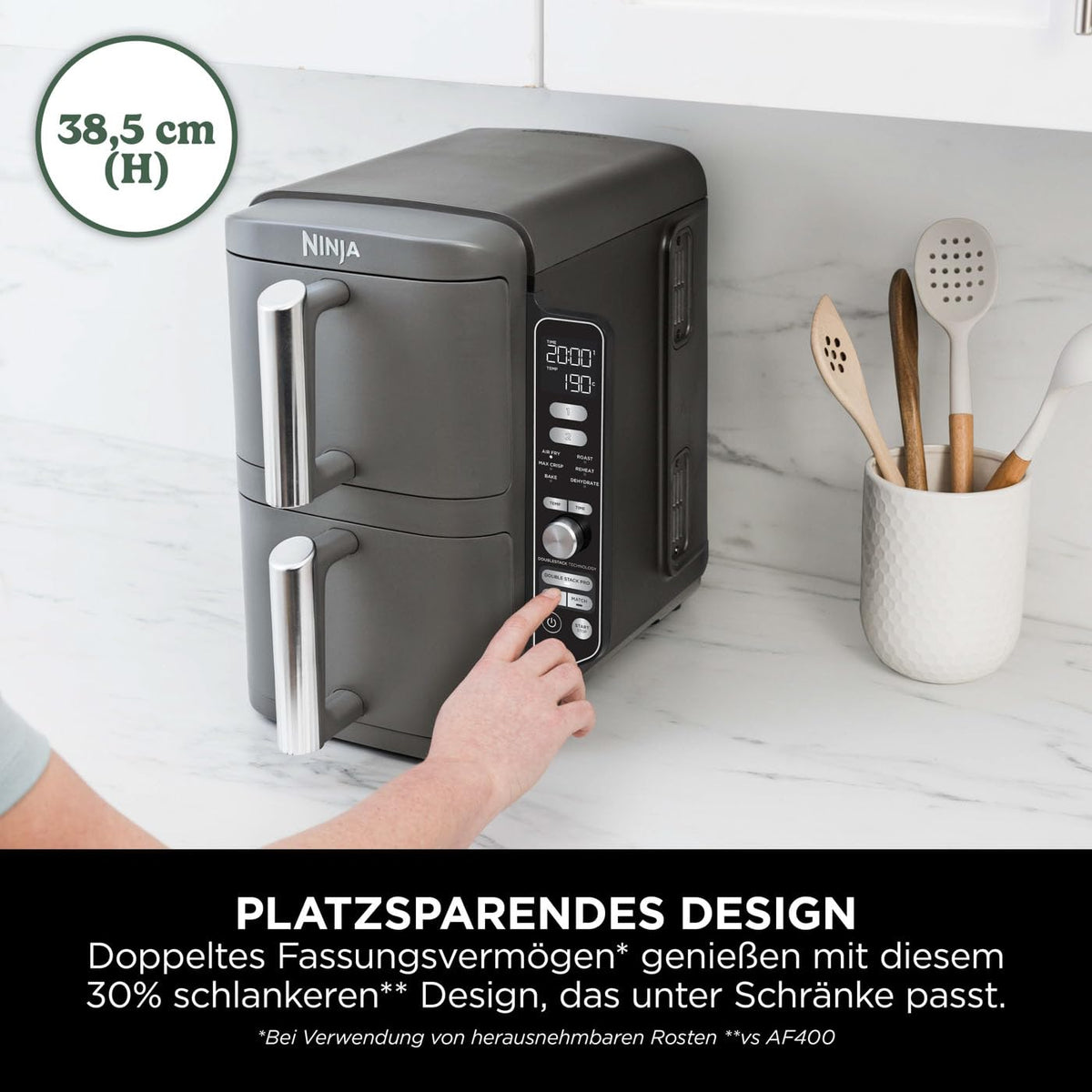 Heißluftfritteuse mit 2 Schubladen, 9,5 L, 6 Kochfunktionen, 4 Garebenen, Grau