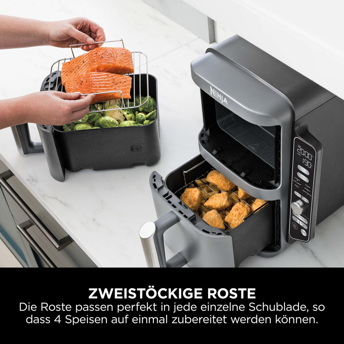 Heißluftfritteuse mit 2 Schubladen, 9,5 L, 6 Kochfunktionen, 4 Garebenen, Grau