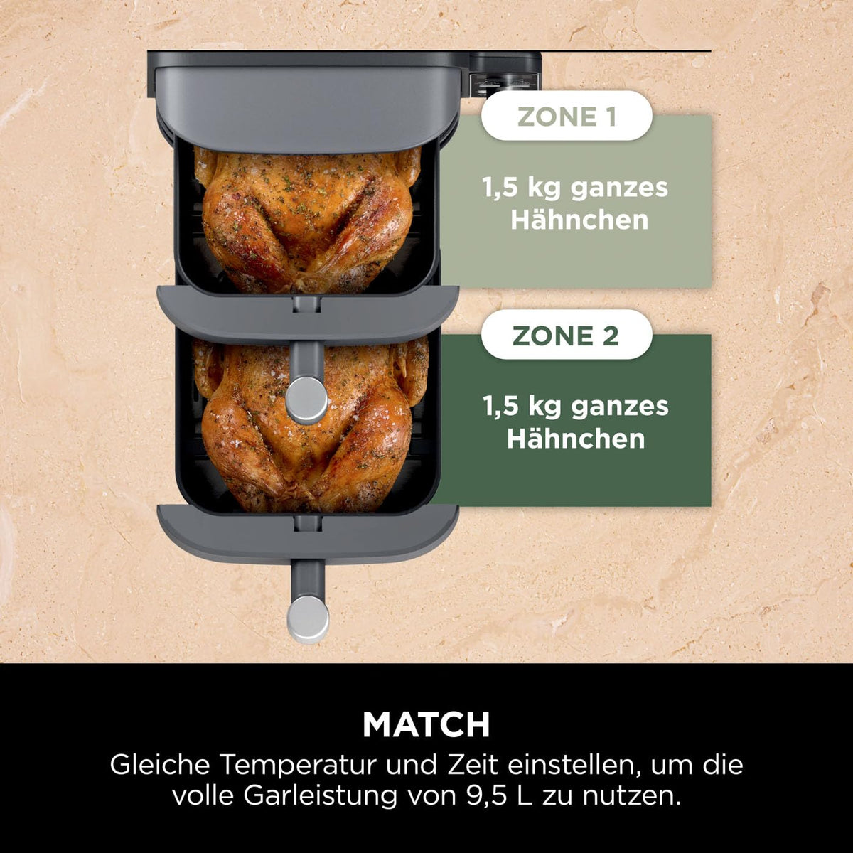 Heißluftfritteuse mit 2 Schubladen, 9,5 L, 6 Kochfunktionen, 4 Garebenen, Grau