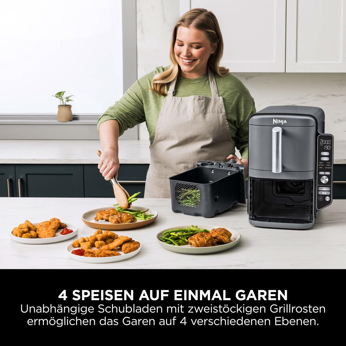 Heißluftfritteuse mit 2 Schubladen, 9,5 L, 6 Kochfunktionen, 4 Garebenen, Grau