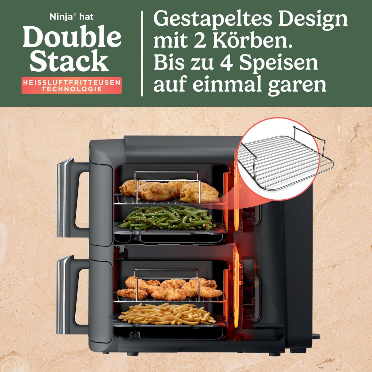 Heißluftfritteuse mit 2 Schubladen, 9,5 L, 6 Kochfunktionen, 4 Garebenen, Grau