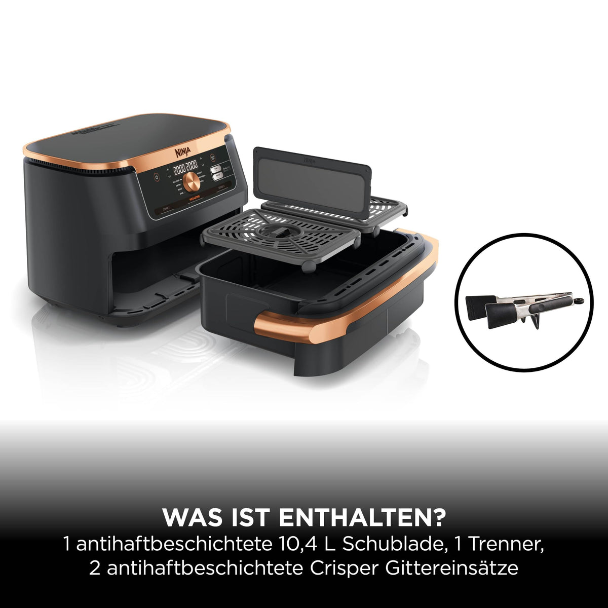 Heißluftfritteuse mit 2 Kochzonen, 10,4 L, 7-in-1, FlexDrawer, Schwarz/Kupfer