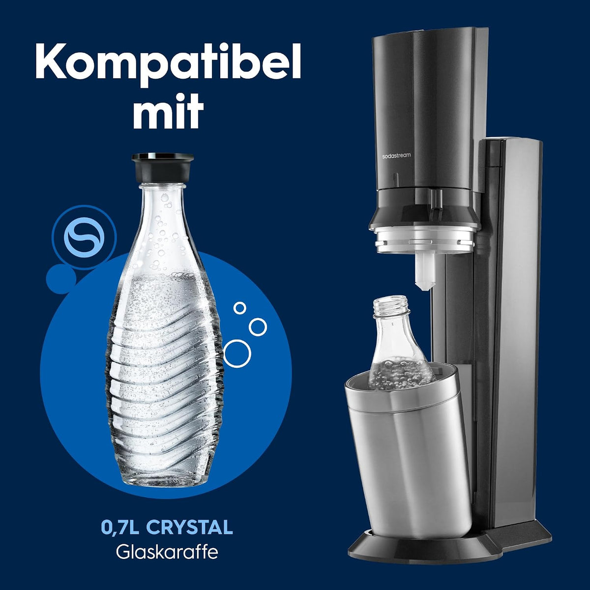 Crystal 3.0 Wassersprudler mit 1x Quick-Connect CO2-Zylinder und 2X Glaskaraffen, Silber, Schwarz, Titan, 45 cm