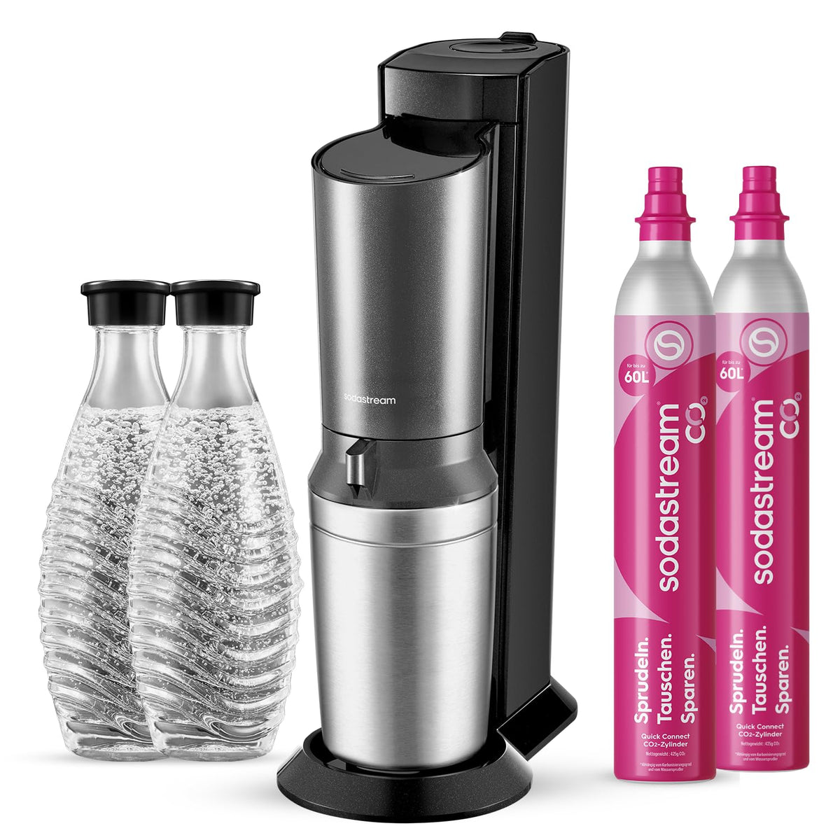 Wassersprudler mit 2 CO₂-Zylindern und 2 Glaskaraffen, 0,7 L, Quick Connect
