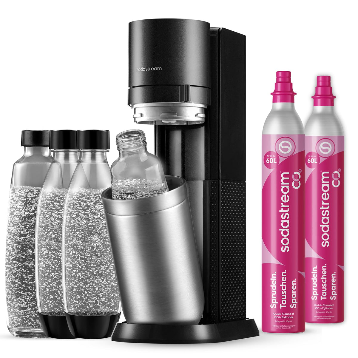 Wassersprudler mit 2 CO₂-Zylindern, 2 Glasflaschen und 2 BPA-freien Flaschen, 1 L, Schwarz/Titan