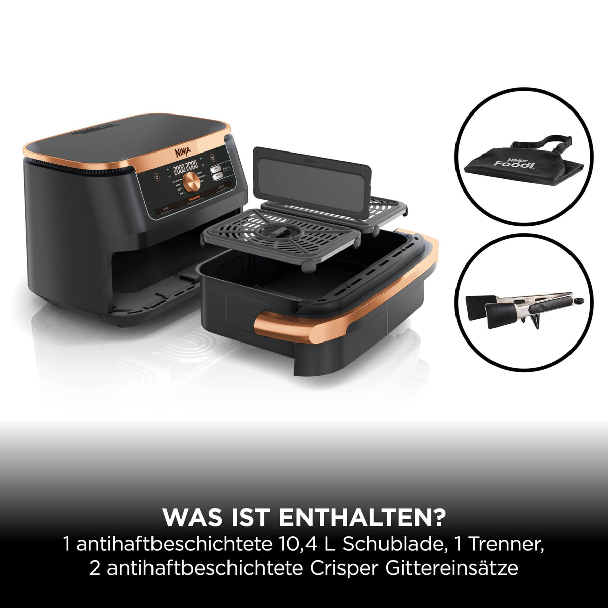 Heißluftfritteuse mit 2 Kochzonen, 10,4 L, 7-in-1, FlexDrawer, Schwarz/Kupfer