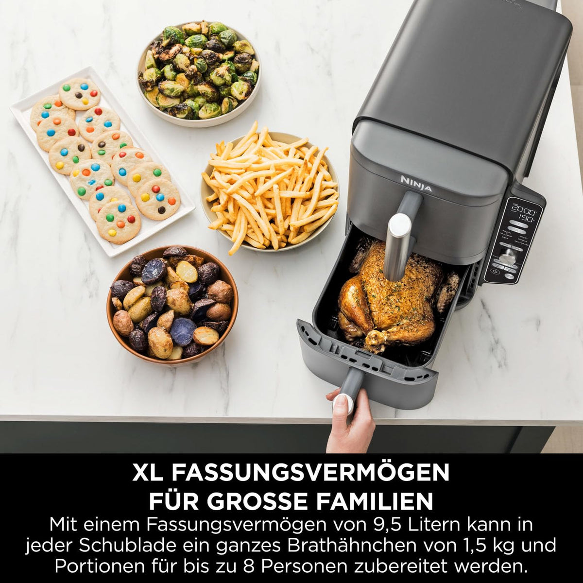 Heißluftfritteuse mit 2 Schubladen, 9,5 L, 6 Kochfunktionen, 4 Garebenen, Grau