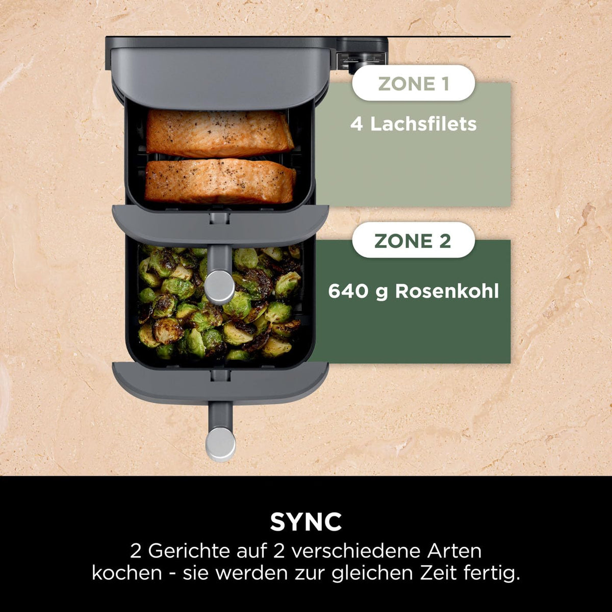 Heißluftfritteuse mit 2 Schubladen, 9,5 L, 6 Kochfunktionen, 4 Garebenen, Grau