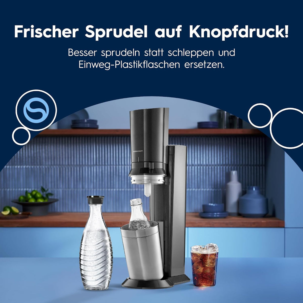 Crystal 3.0 Wassersprudler mit 1x Quick-Connect CO2-Zylinder und 2X Glaskaraffen, Silber, Schwarz, Titan, 45 cm