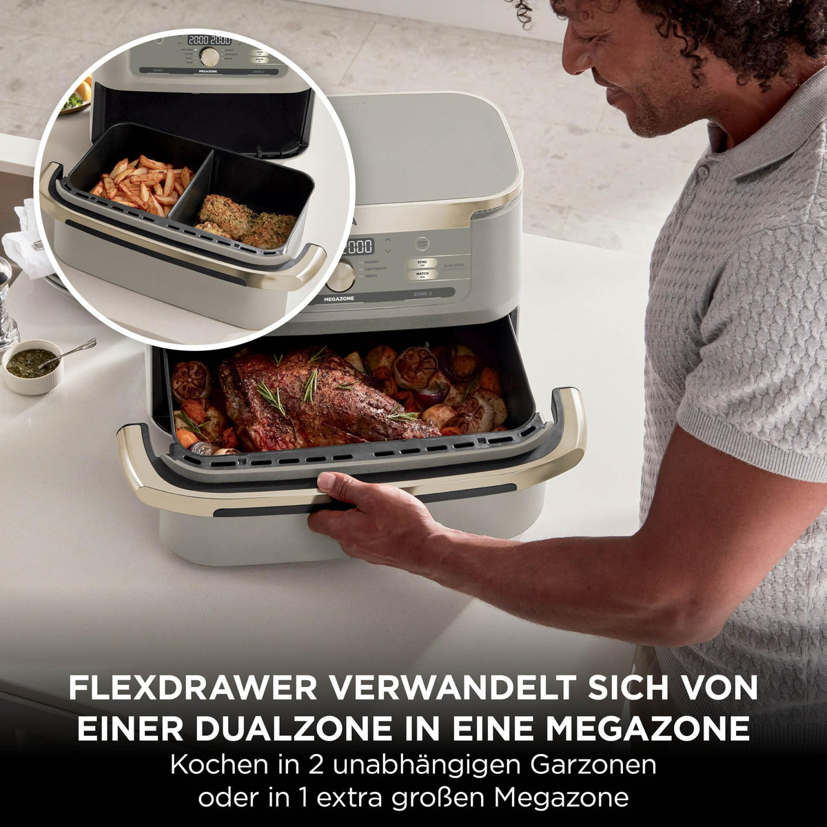 Heißluftfritteuse mit 2 Kochzonen, 10,4 L, 7-in-1, FlexDrawer, Stone/Gold