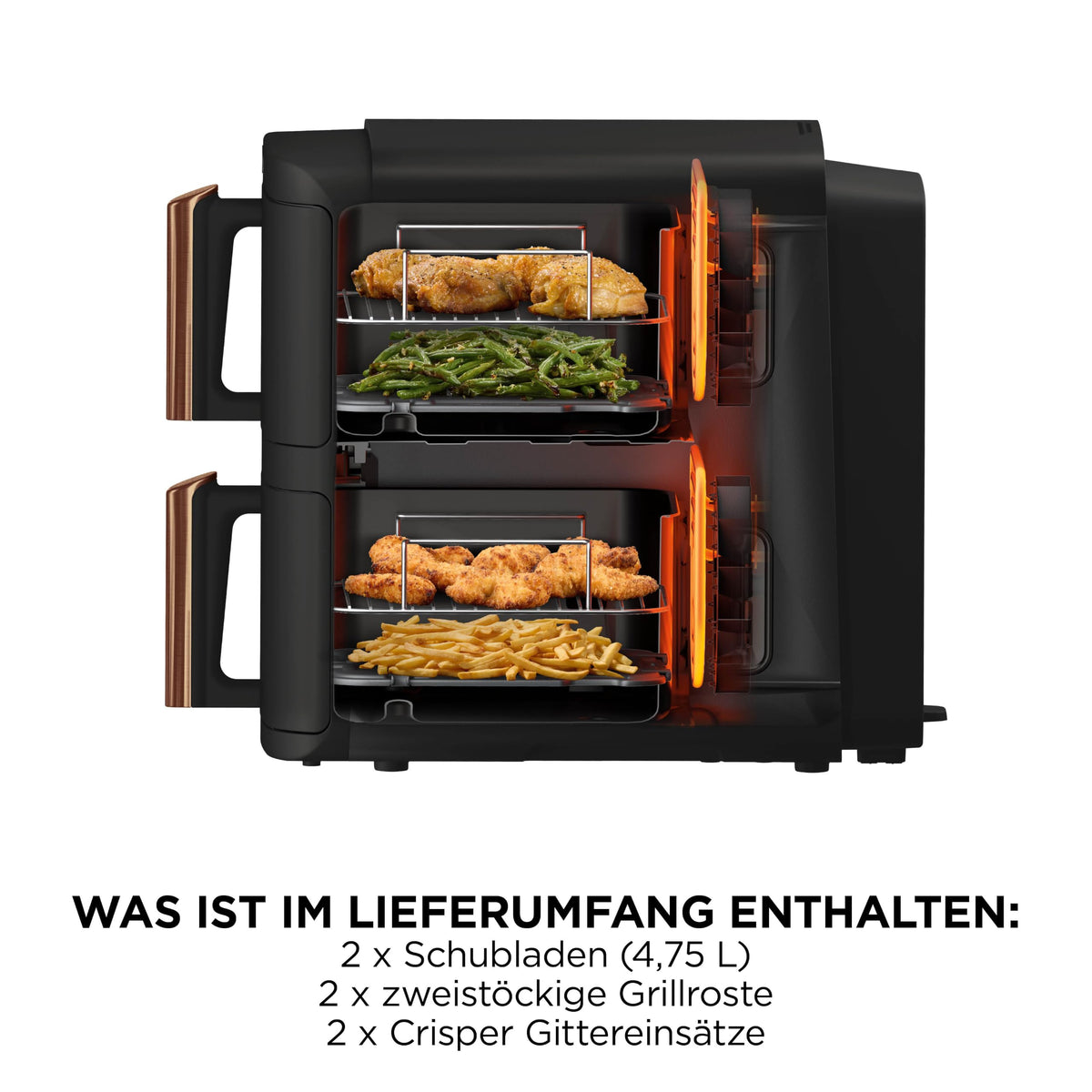 Heißluftfritteuse mit 2 Schubladen, 9,5 L, 6-in-1, 4 Garebenen, Schwarz/Kupfer