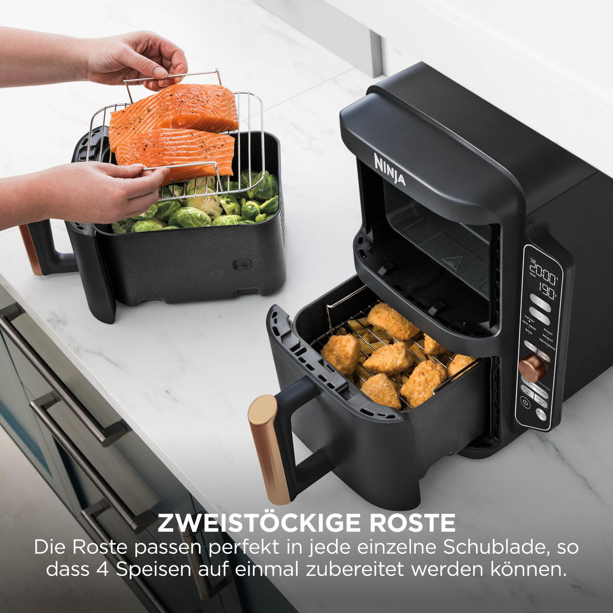 Heißluftfritteuse mit 2 Schubladen, 9,5 L, 6-in-1, 4 Garebenen, Schwarz/Kupfer