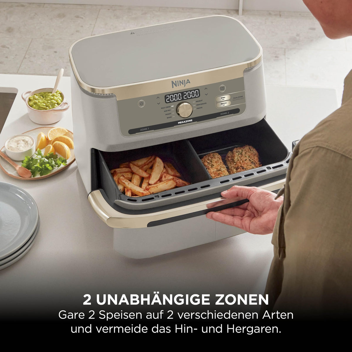 Heißluftfritteuse mit 2 Kochzonen, 10,4 L, 7-in-1, FlexDrawer, Stone/Gold