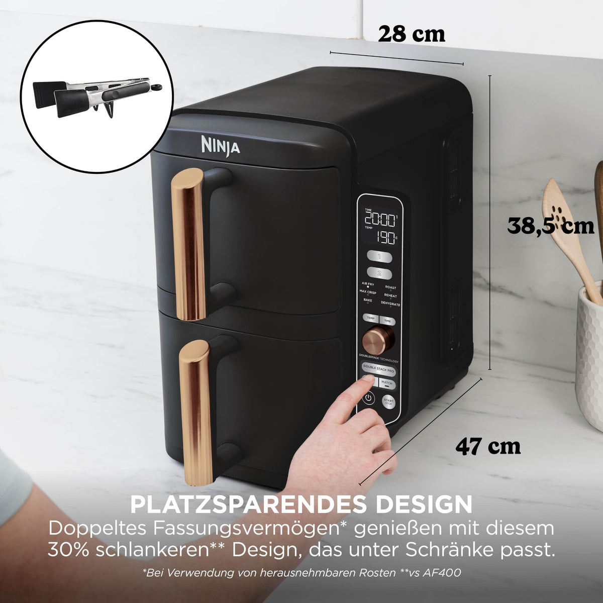 Heißluftfritteuse mit 2 Schubladen, 9,5 L, 6-in-1, 4 Garebenen, Schwarz/Kupfer