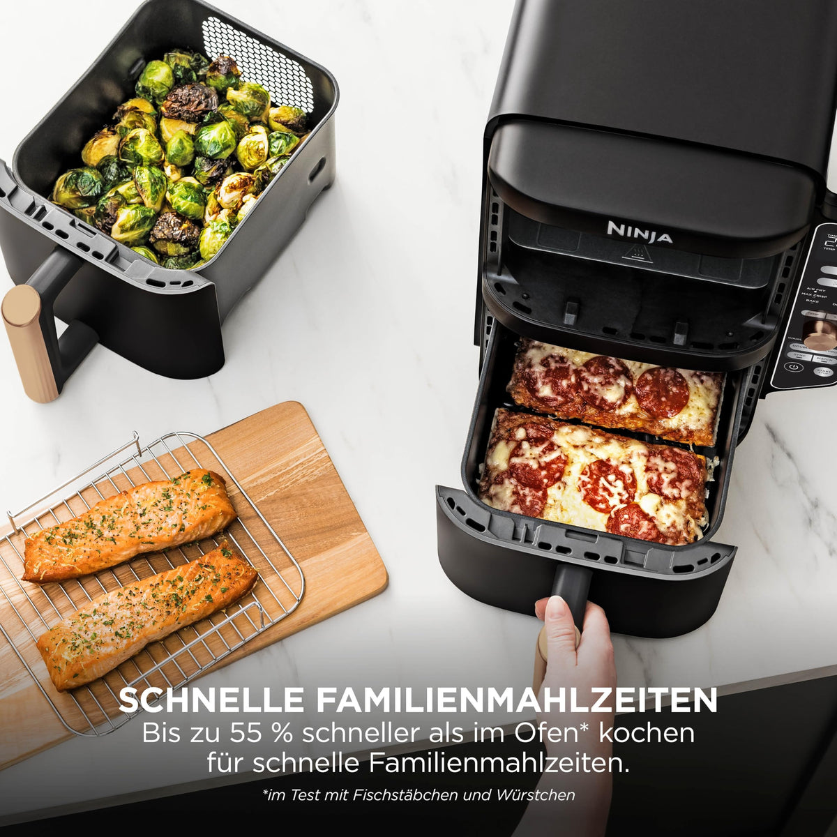 Heißluftfritteuse mit 2 Schubladen, 9,5 L, 6-in-1, 4 Garebenen, Schwarz/Kupfer