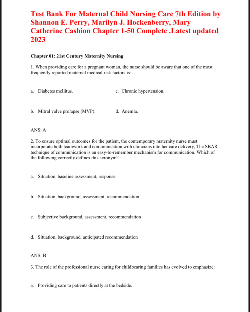 Testbank Maternal Child Nursing Care, 7. Auflage von Perry
