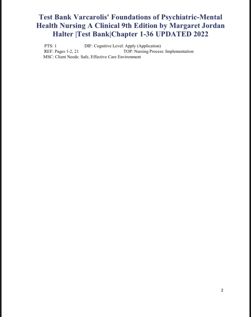 Testbank Varcarolis’ Foundations of Psychiatric-Mental Health Nursing, 9. Auflage von Halter