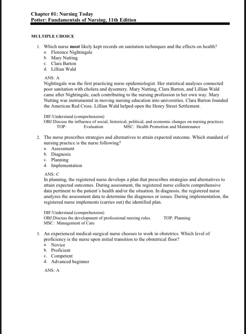 Testbank Fundamentals of Nursing, 11. Auflage von Potter & Perry