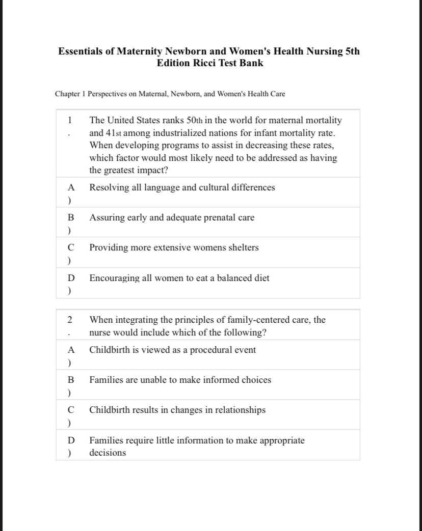 Testbank Essentials of Maternity, Newborn, and Women’s Health Nursing, 5. Auflage von Ricci