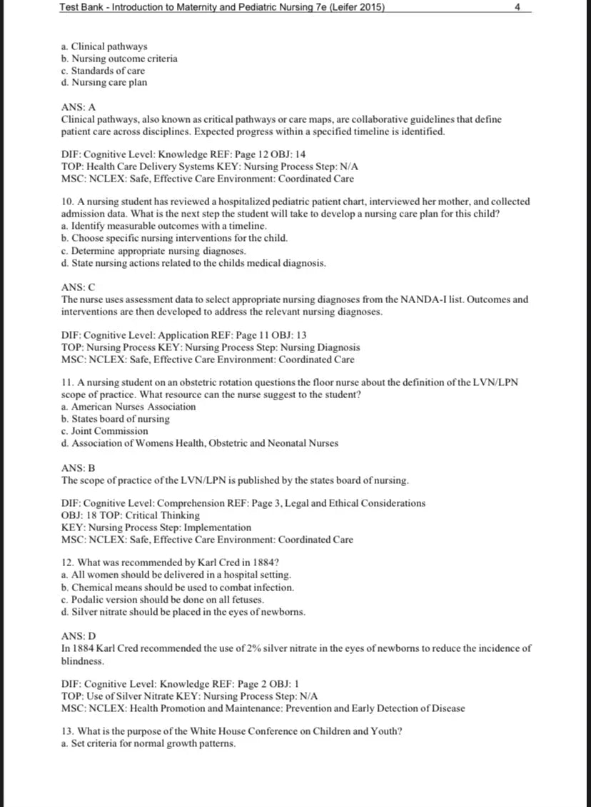 Testbank Introduction to Maternity and Pediatric Nursing, 7. Auflage von Leifer