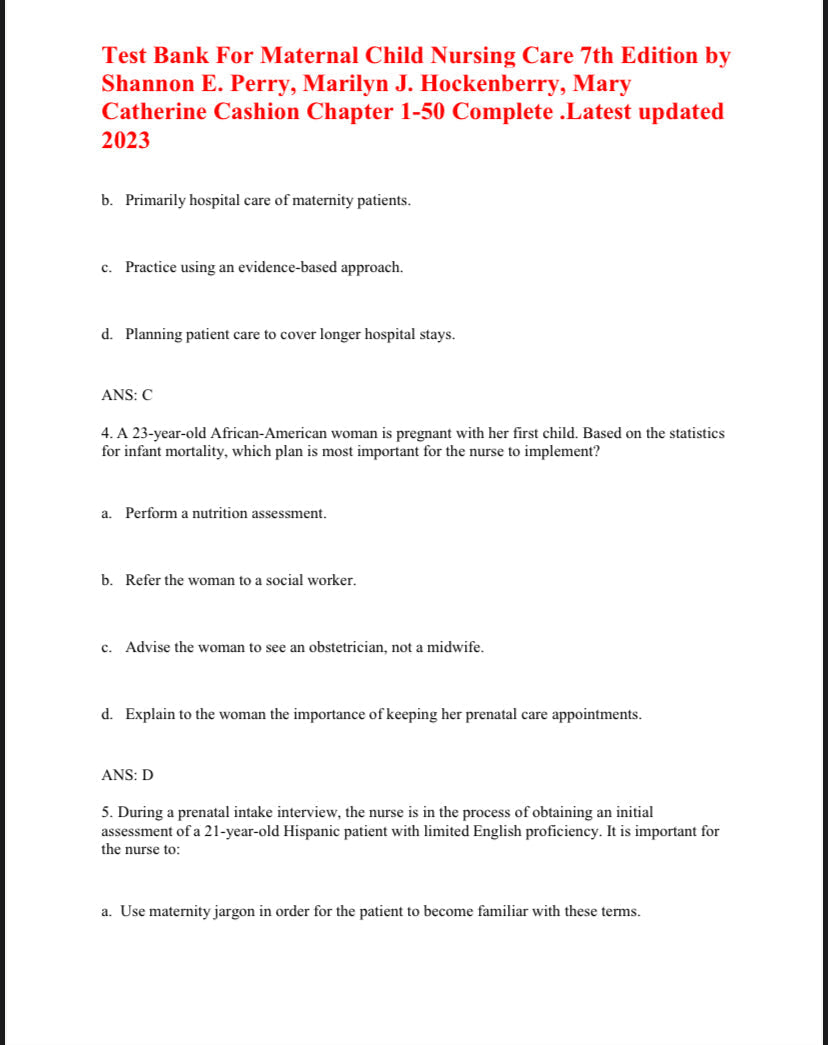 Testbank Maternal Child Nursing Care, 7. Auflage von Perry