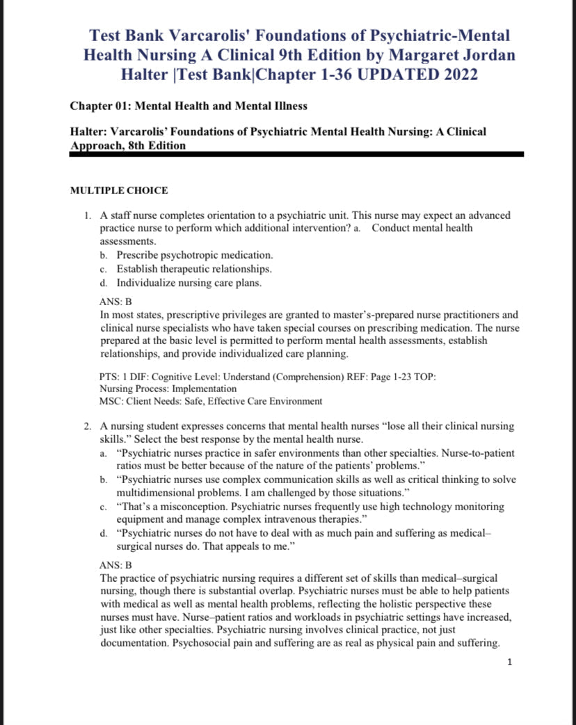Testbank Varcarolis’ Foundations of Psychiatric-Mental Health Nursing: A Clinical Approach, 9. Auflage von Margaret Jordan Halter