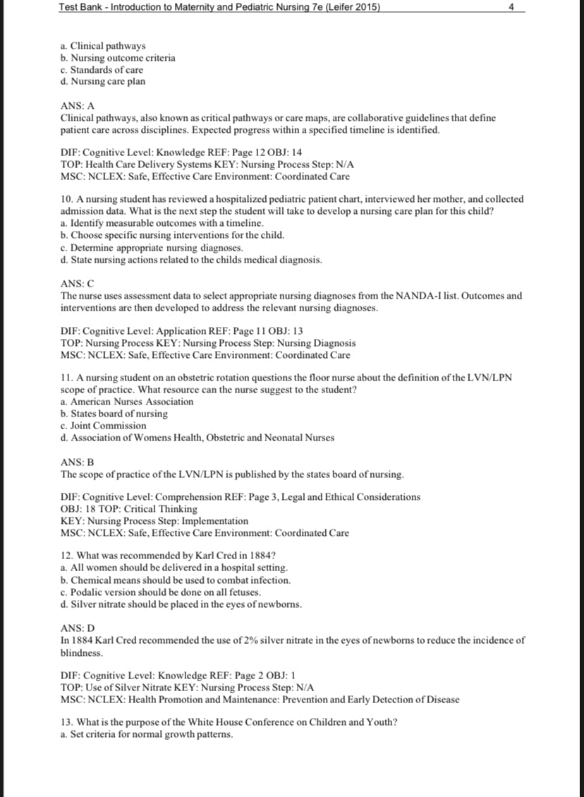 Testbank Introduction to Maternity and Pediatric Nursing, 7. Auflage von Leifer
